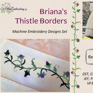May include: A set of machine embroidery designs featuring a green thistle vine with purple flowers. The design is shown stitched on a white fabric and is available in 6x10 inch hoop size. The embroidery file formats included are DST, EXP, HUS, JEF, PES, VIP, VP3, and XXX.