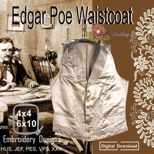 Può includere: Un gilet color avorio con dettagli ricamati, presentato su uno sfondo color seppia con la scritta "Edgar Poe Waistcoat". Il design include ricami floreali e la scritta "Machine Embroidery Designs".