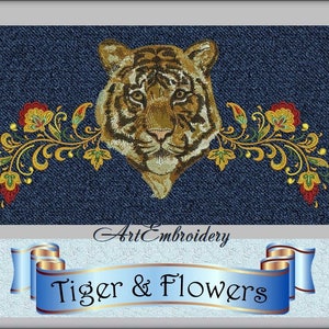 May include: Embroidered design of a tiger's head with floral accents on a blue denim background. The design is titled "Tiger & Flowers" with the word "ArtEmbroidery" above it.