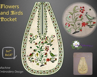 Blumen und Vögel Taschen - Stickdatei für 18th Century Kostüme