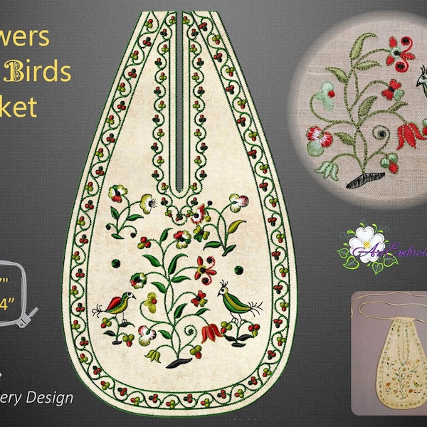 Flowers and Birds Pocket -  Machine Embroidery Design for 18th Century Costumes