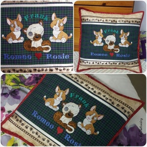 May include: A green and black plaid pillow with embroidered images of three cats and the names "Frank", "Romeo", and "Rosie".