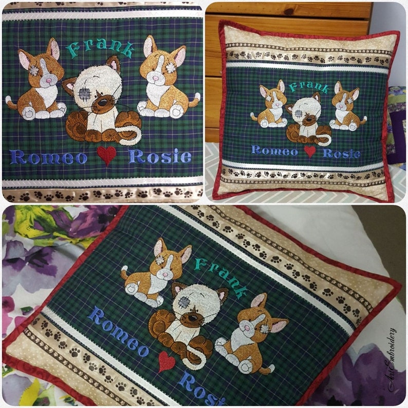 May include: A green and black plaid pillow with embroidered images of three cats and the names "Frank", "Romeo", and "Rosie".