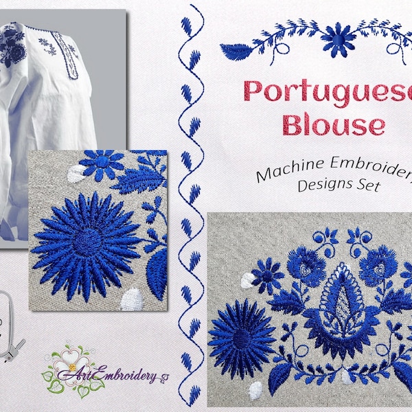 Portugisische Stickerei Set - zum Erstellen von Bluse Folk Kostüm - Maschinenstickerei Design Set in 2 Größen gemischte Größen für Rahmen bis 15x20cm