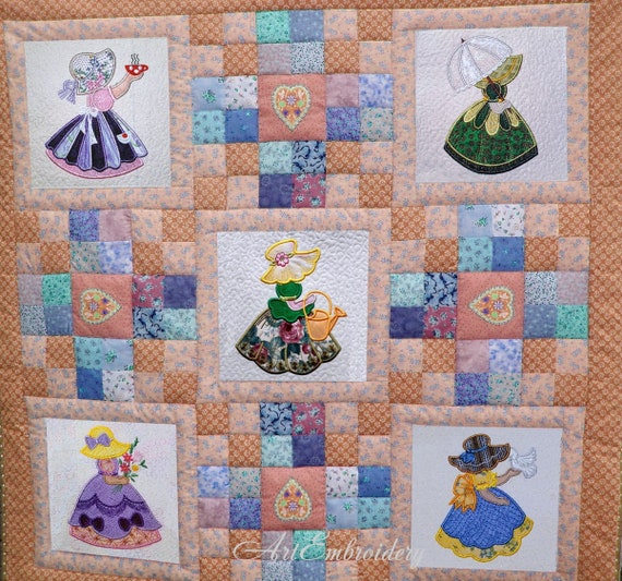サンボンネット スー アップリケ：じょうろを持つ少女 ITH 刺繍