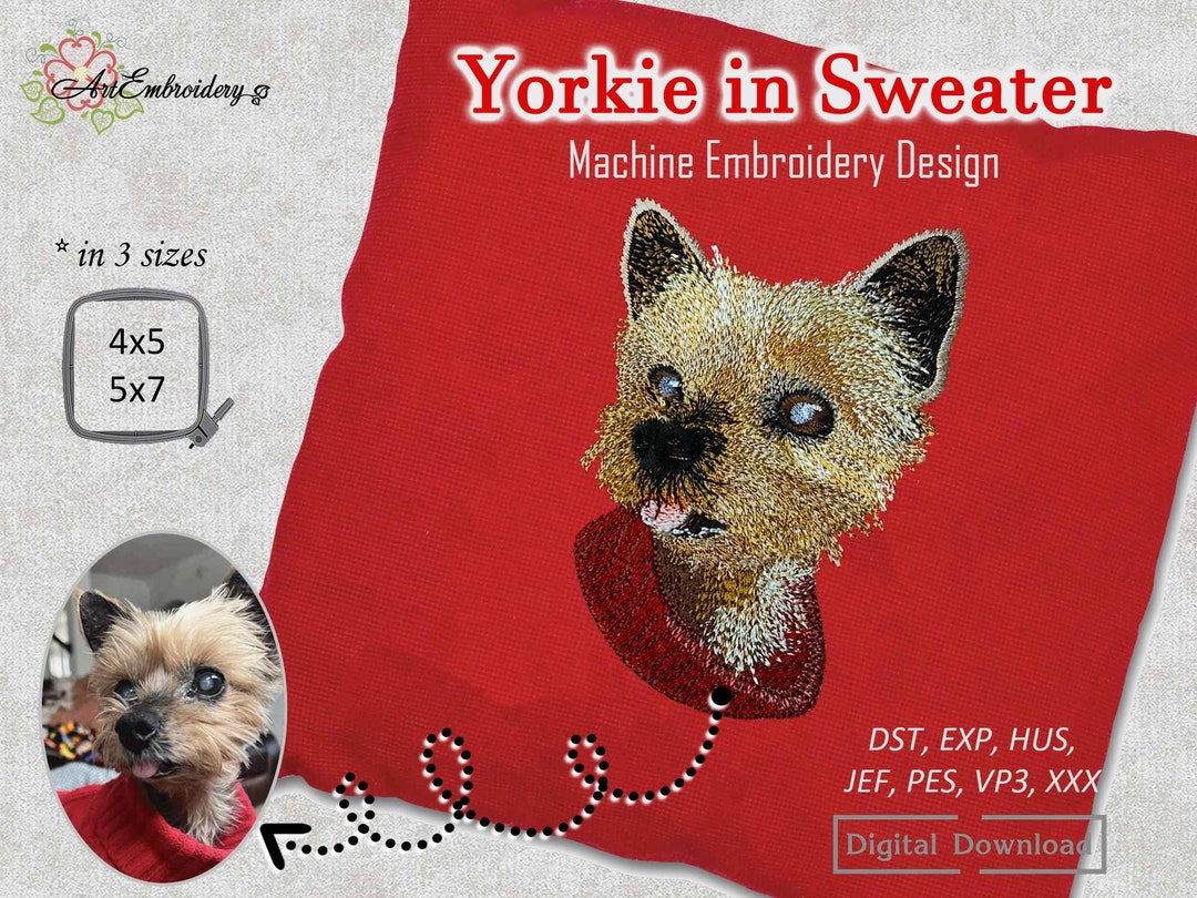 Yorkie in Sweater Machine Embroidery Design: 4x5, 5x7 Hoops (digital ...