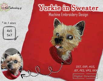 Yorkie in  Sweater - Machine Embroidery Animal Dog Design in 3 sizes for hoop 4x5" and 5x7"