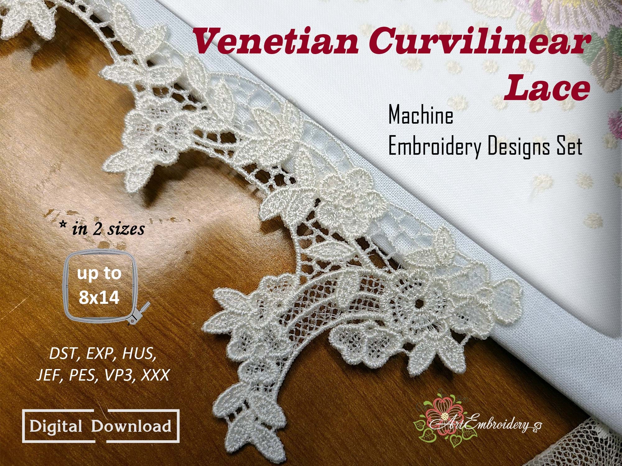 Venetian Curvilinear Lace – Machine Embroidery FSL Endless Border Designs in two sizes from hoop 4x4" and up to 8x14"