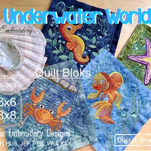 Underwater World Quilt Blocks - Machine Embroidery Designs Set with  creatures and stippling  in 2 sizes for hoop 6x6, 8x8" Digital Download
