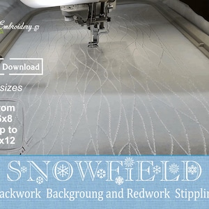 May include: Machine embroidery design of a white stippling pattern on fabric. The design is labelled "SNOWFIELD" and is available as a digital download in five sizes, ranging from 15.24cm x 20.32cm up to 20.32cm x 30.48cm.