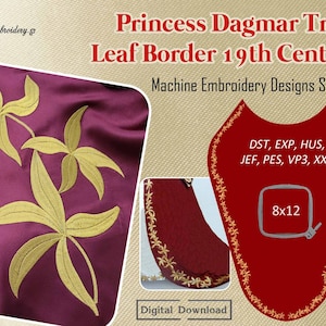 May include: Machine embroidery design set featuring a gold leaf border in a 19th century style. The design is available in multiple formats, including DST, EXP, HUS, JEF, PES, VP3, and XXX. The design is suitable for an 8x12 hoop.