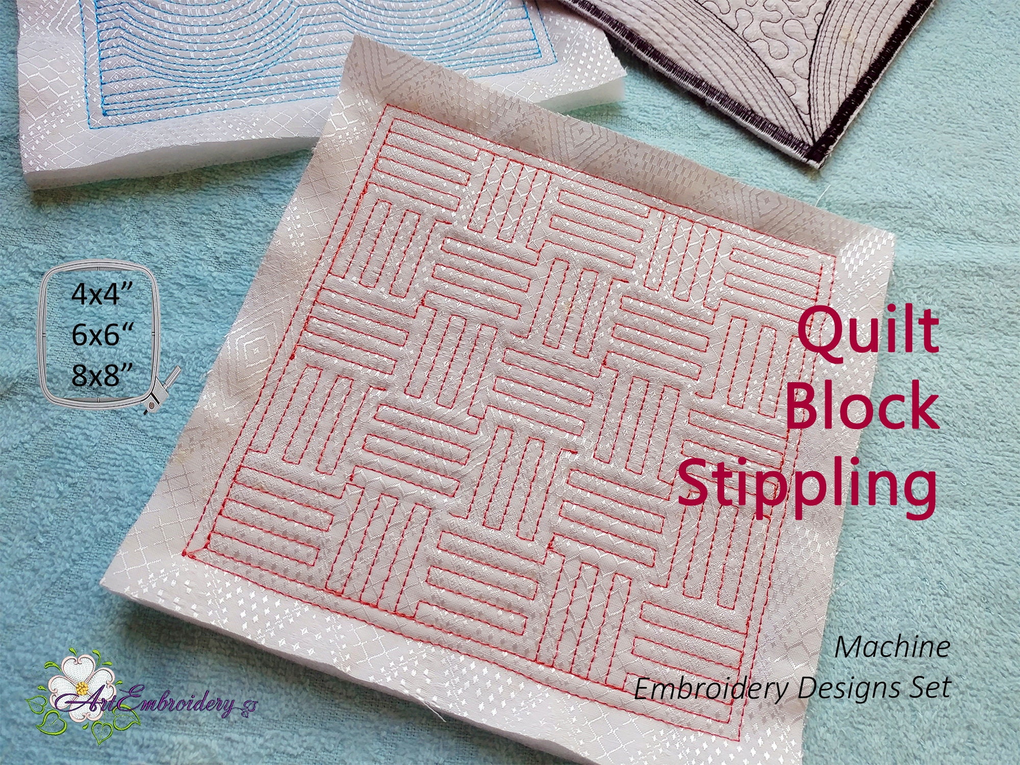 Quilt Block Stippling ITH Project Set of Six Square Blocks in 3 Sizes ...