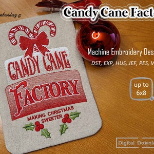 Zuckerstangenfabrik – Maschinenstickerei Einzeldesign und ITH Stoff Weihnachtskarte für Stickrahmen bis 15x20cm.