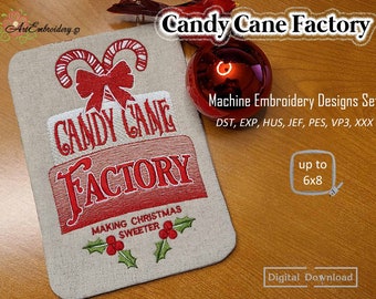 Candy Cane Factory – Machine Embroidery Single Design and ITH Fabric Christmas Card for hoop up to 6x8".