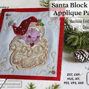 Motifs de broderie Père Noël : bloc de courtepointe de Noël (8 x 8, 10 x 10) (téléchargement numérique)