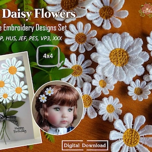 FSL Daisy Flowers - Maschinenstickerei ITH Lace Project Designs Set, Blütengröße: 20, 25, 30, 35, 40, 45 mm im Rahmen gestickt aus 10x10 cm.