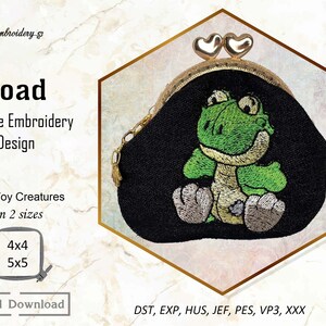 May include: Machine embroidery design of a green toad in a black coin purse with a gold clasp. The design is available in two sizes: 4x4 inches and 5x5 inches. The design is called "Toad" and is part of the "Old Toy Creatures" collection.