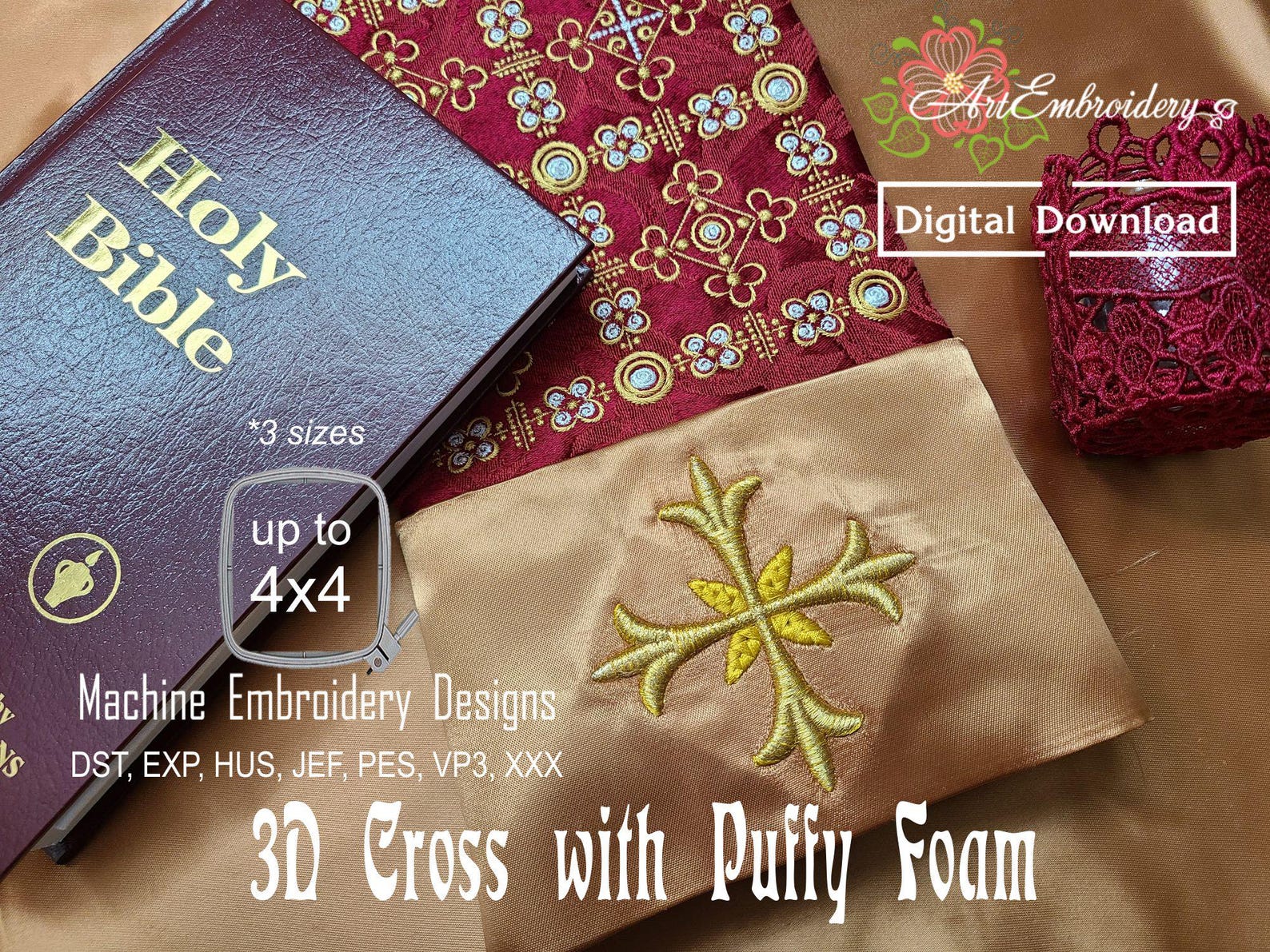 3D Cross Machine Embroidery Design: Puffy Foam Christian Religious ...