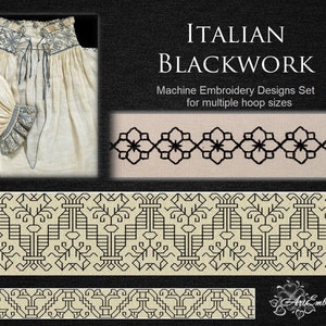 May include: A set of machine embroidery designs featuring Italian blackwork patterns. The designs are shown on a white fabric background and include a variety of geometric shapes and motifs. The designs are available in multiple hoop sizes.