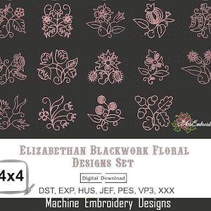 Desenhos florais em estilo elisabetano em preto - Desenhos históricos de bordado à máquina do século XVI, bastidor 4x4" (digital)