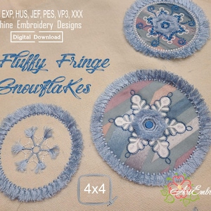 May include: Machine embroidery designs featuring fluffy fringe snowflakes. The designs are circular, with intricate snowflake patterns in white and blue, surrounded by a fringed edge. The text "Fluffy Fringe Snowflakes" is displayed.