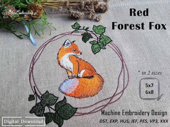 Red Forest Fox Embroidery Design: Woodland Animal Wreath (5x7, 6x8