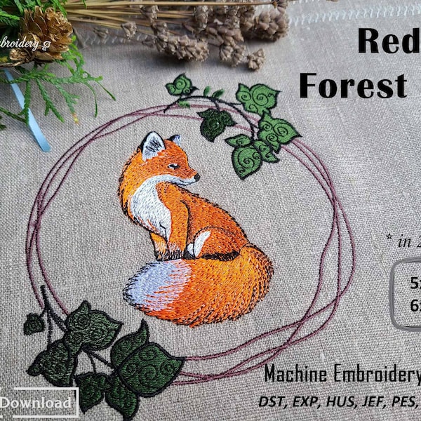 Roter Waldfuchs - Maschine Embroidery Woodland Animal Collection Design in 2 Größen für Stickrahmen 5x7" und 6x8"