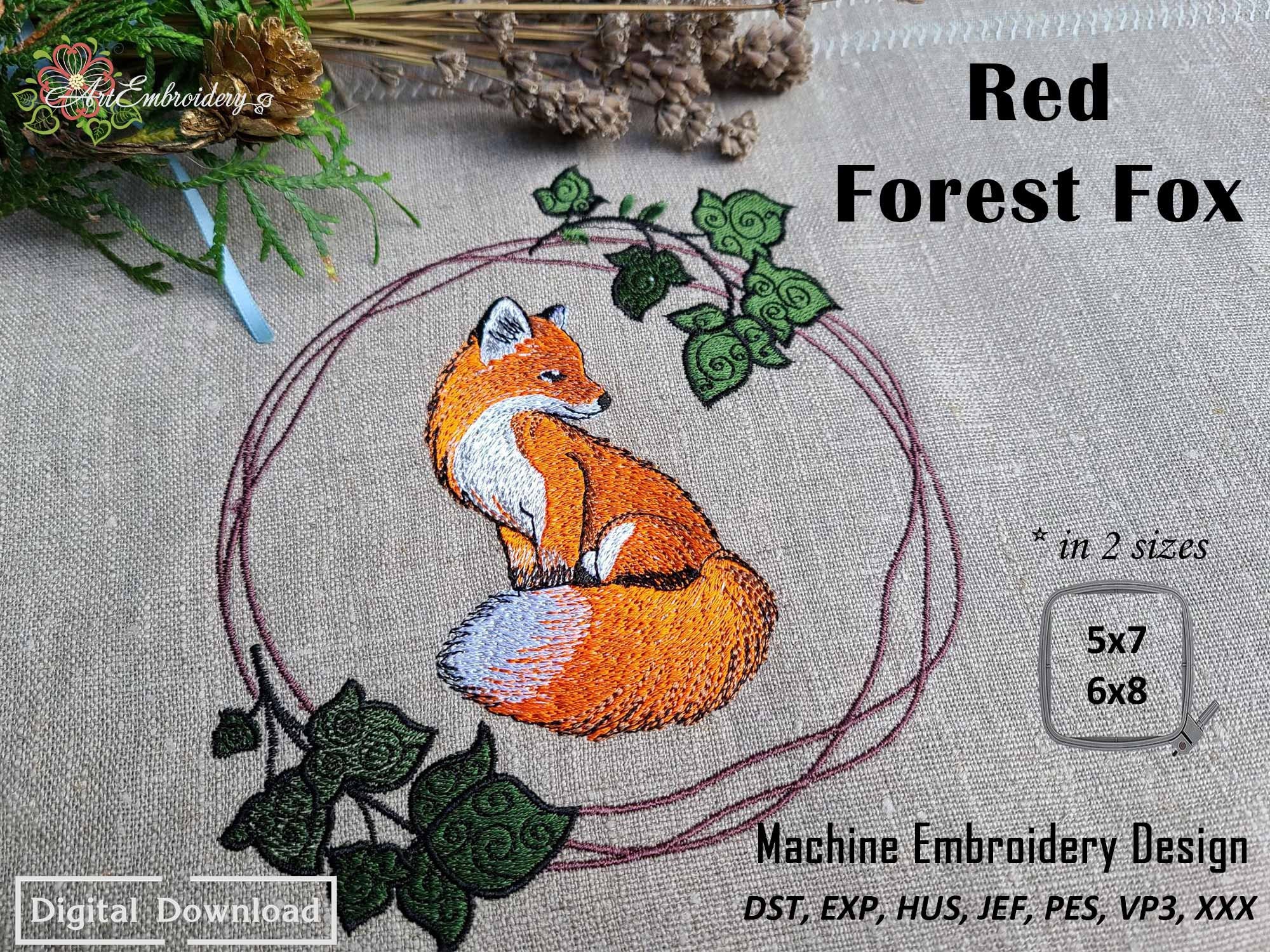 Red Forest Fox Embroidery Design: Woodland Animal Wreath (5x7, 6x8