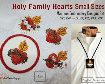 Holy Family Hearts Small sizes 2, 3" with & without  patch edge - Christian Religious Catholic Machine Embroidery 9 Designs Set,  hoop 4x4"