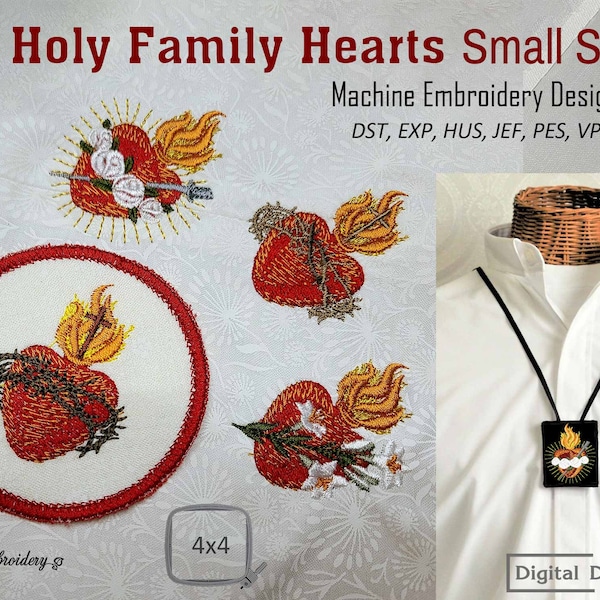 Holy Family Hearts Small sizes 2, 3" with & without  patch edge - Christian Religious Catholic Machine Embroidery 9 Designs Set,  hoop 4x4"