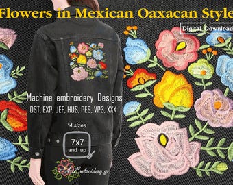 Flores al estilo oaxaqueño mexicano - Diseño de bordado a máquina en 4 tamaños para bastidores de 7x7" a 8x12" (Descarga digital)