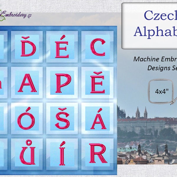 Czech Alphabet Machine Embroidery Designs Set of 42 letters upper and lower case in two sizes 2" (50mm) and 3"(75mm) height