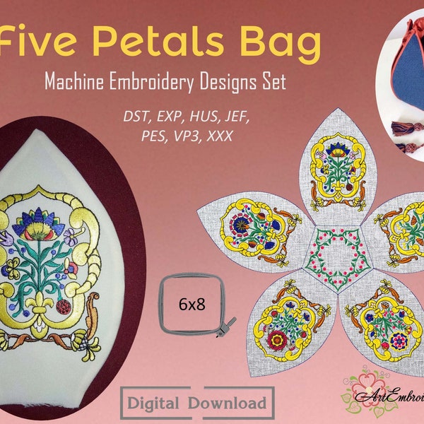 Five Petals Bag - Machine Embroidery Designs Set for hoop 6x8"