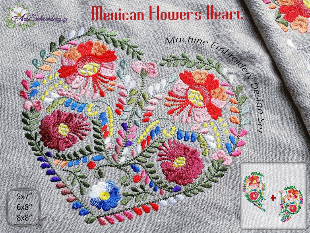 Mexican Floral Heart Machine Embroidery Design (5x7, 6x8
