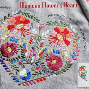 Mexican Ethnic Flowers Heart -  Machine Embroidery Design  assembled 8x8&quot;and split for hoop 5x7&quot; and 6x8&quot;