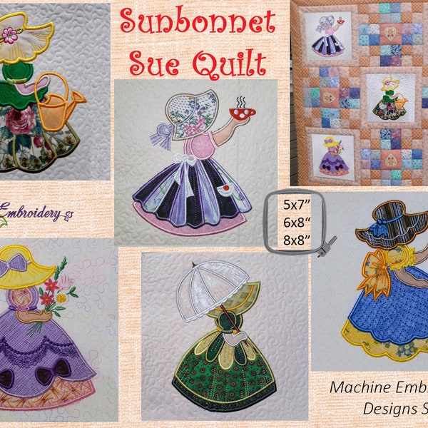 Sunbonnet Sue Quilt Set - 5 Machine Embroidery ITH Applique  Blocks Designs with stippling + Sue 2 sizes designs without stippling  + BONUS