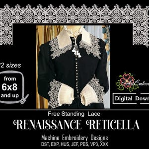 Pode incluir: Fundo preto com um design de bordado à máquina Renaissance Reticella. A imagem mostra um casaco preto com gola e punhos de renda brancos. O texto diz "Download digital" e "Free Standing Lace".