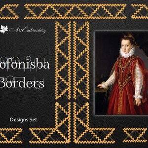 May include: A set of embroidery designs called "Sofonisba Borders" with a gold geometric pattern. The designs are perfect for adding a touch of elegance to any project.