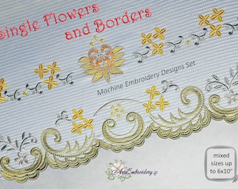 Disegni per ricamo a macchina con bordi floreali: fiori singoli (cerchio da 4x4 a 6x10)