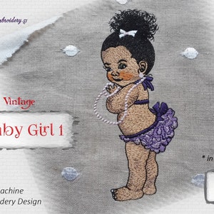Vintage Baby Girl African American skin tone and Black Hair Machine Embroidery Design in three sizes