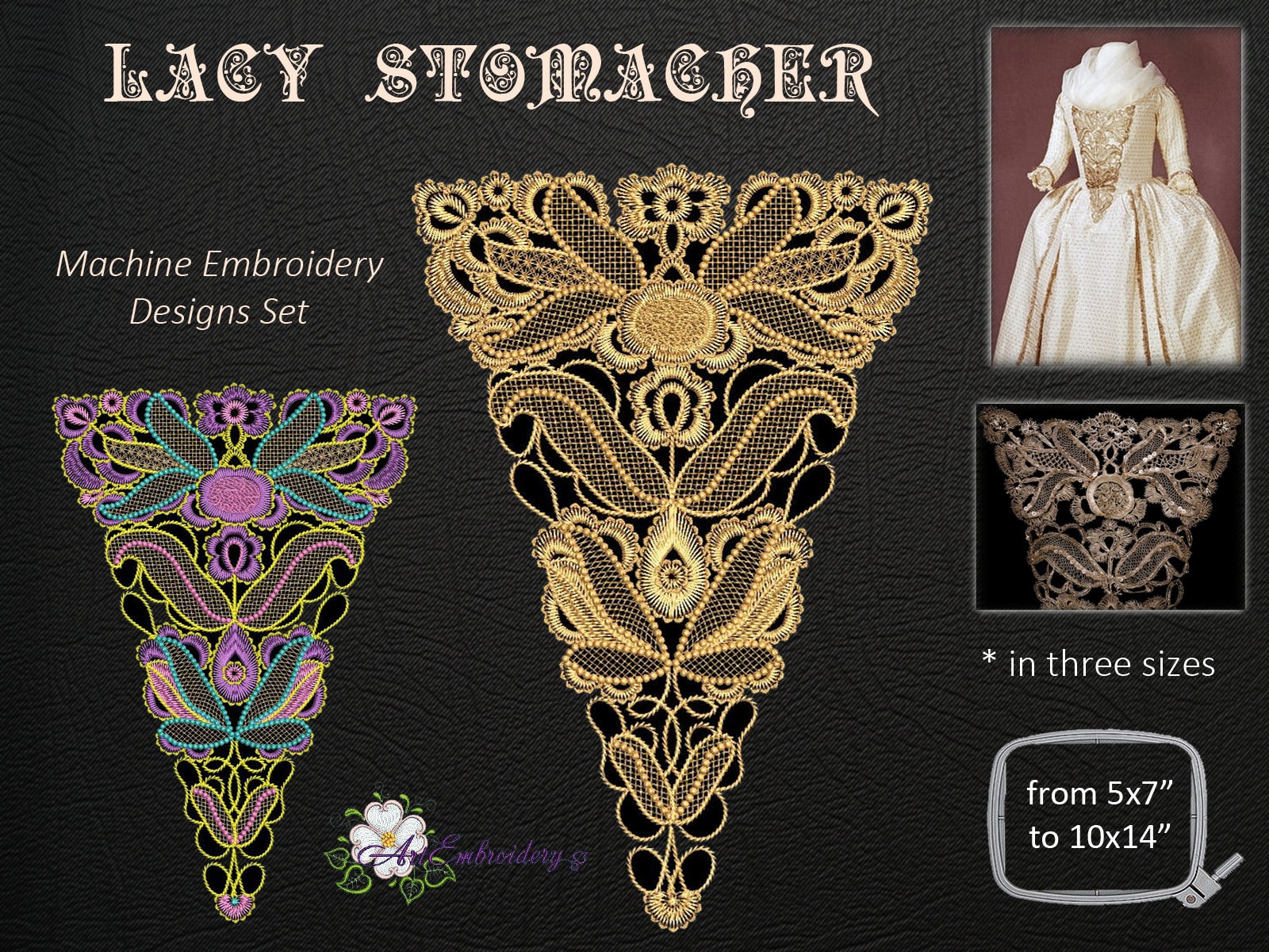 Lacy Stomacher - Machine Embroidery Designs Set for 18th Century Court dress Costumes in one and multi colors in three sizes