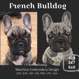 May include: Image features a French Bulldog, with a photo and an embroidery design side by side. The photo shows a brown and black dog with a focused gaze. The embroidery design is a detailed, stitched portrait of the dog. Text reads "French Bulldog" and "Machine Embroidery Design."