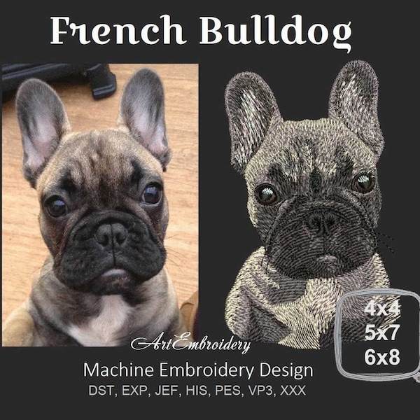 Bouledogue Français - Conception de broderie machine dans un style naturaliste en trois tailles pour cerceaux 4x4", 5x7" et 6x8"