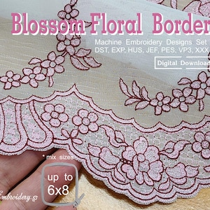 Może przedstawiać: Wzór haftu kwiatowego w kolorze różowym i czerwonym do haftu maszynowego. Wzór zawiera delikatną kwiatową ramkę z mieszanką rozmiarów do 6x8 cali. Wzór jest dostępny w różnych formatach, w tym DST, EXP, HUS, JEF, PES, VP3 i XXX.