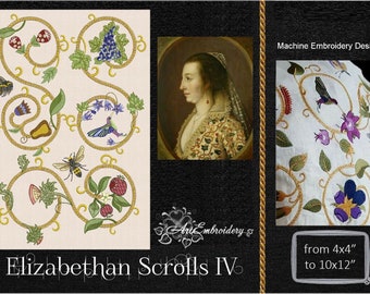 Elizabethan Scrolls - Goldwork Imitation Machine Embroidery Designs Set IV