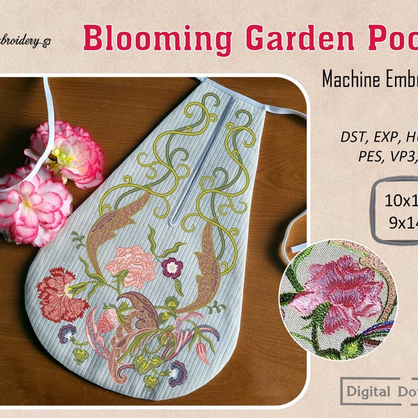 Blooming Garden Pocket – Machine Embroidery Historical 18th Century Design assembled for hoop 9x14" and split into 2 parts for hoop 8x12"