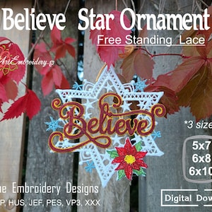 FSL Believe Stern Ornament - Maschinenstickerei ITH Weihnachtsmotive freistehende Spitzenmuster in 3 Größen, Rahmen 13x18, 16x20,5" (digital)