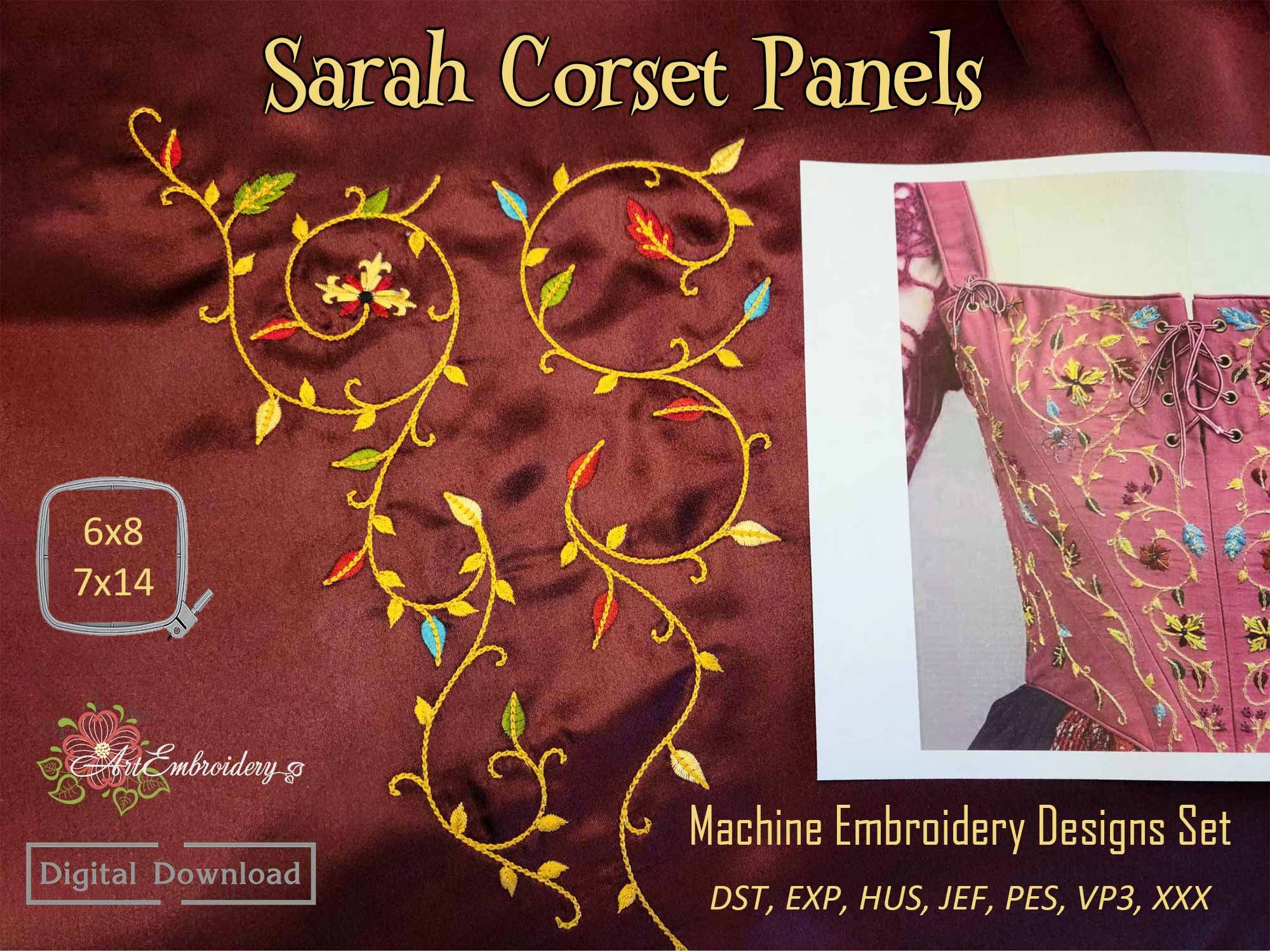 サラのコルセットパネル - 機械刺繍スクロールデザインセットには、7x14インチのフープ用の組み立てられたデザインと、6x8インチの分割デザインが含まれています。  - Etsy 日本