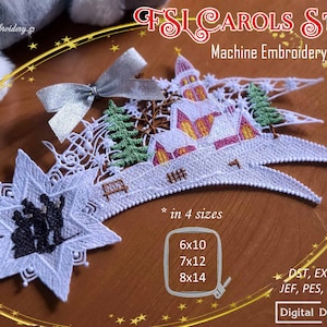 Op de afbeelding: Wit machine borduurontwerp van een ster met een kerk en een kerstscène erin. Het ontwerp is verkrijgbaar in vier maten: 6x10, 7x12, 8x14 inch. Het ontwerp is verkrijgbaar in de volgende formaten: DST, EXP, HUS, JEF, PES, VP3, XXX.