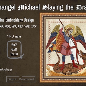 Archangel Michael Slaying the Dragon Machine Religious Embroidery Design in 3 sizes for hoop 5x7, 6x8 and 6x10 image 1